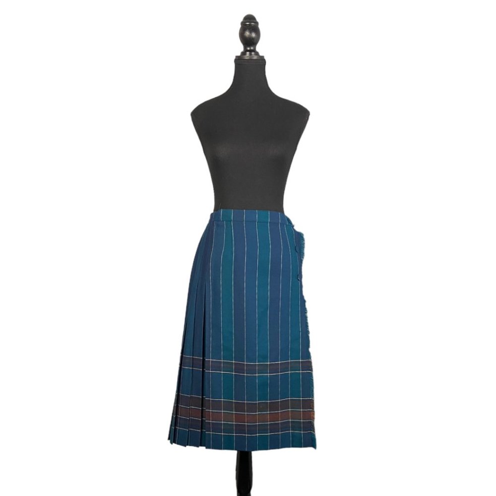 Vintage Blue Teal Striped Pleated A-Line Skirt